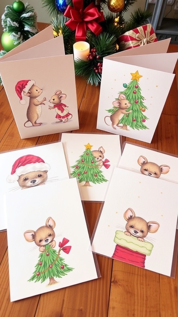 Handmade Christmas cards featuring adorable mice in festive settings.
